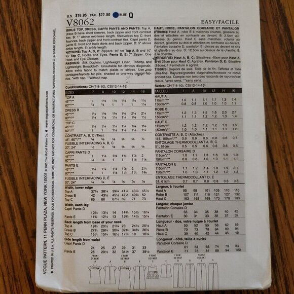 Y2K Vogue Girl Pattern V8062 Dress Top Shirt Contrast Bow Pants 7 8 10 - Picture 3 of 3